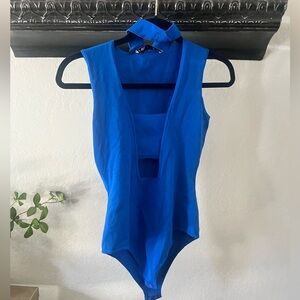 Zara cobalt blue cutout bodysuit with neck strap